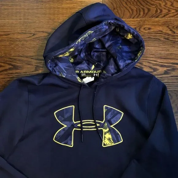 UNDER ARMOUR Men's Navy Blue Hoodie With Yellow & Blue Chest Logo Sz Large